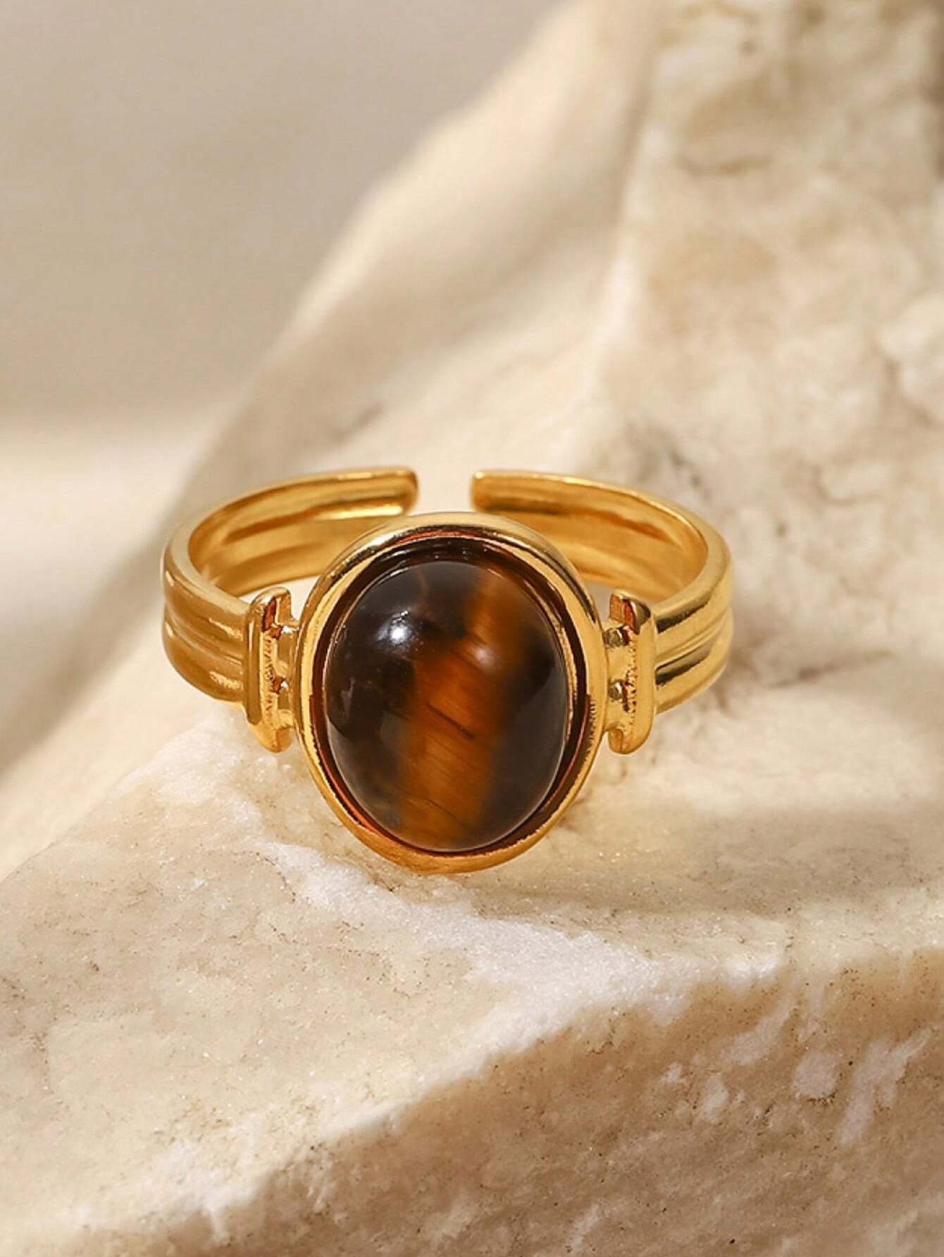 Vintage Oval Tiger Eye Gemstone Open Ring